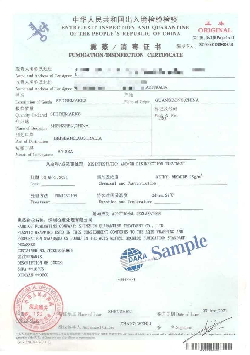 Chemical fumigation certificate
