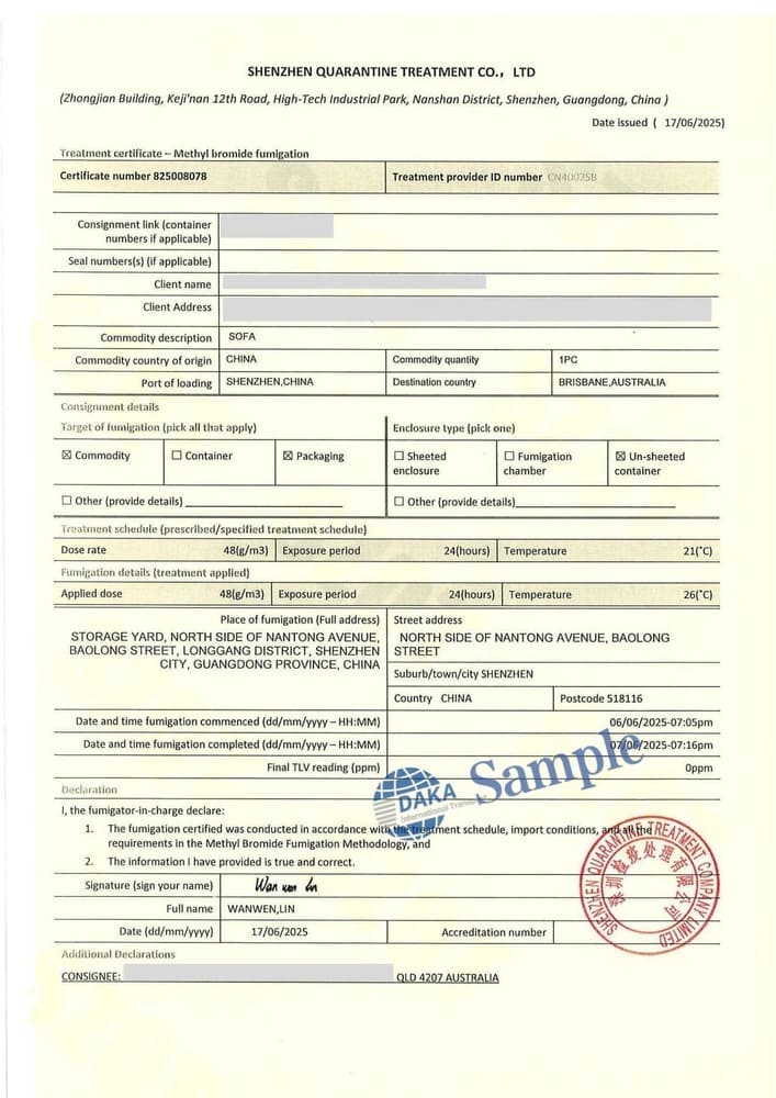 Fumigation certificate of Shenzhen Quarantine Treatment Co.,Ltd