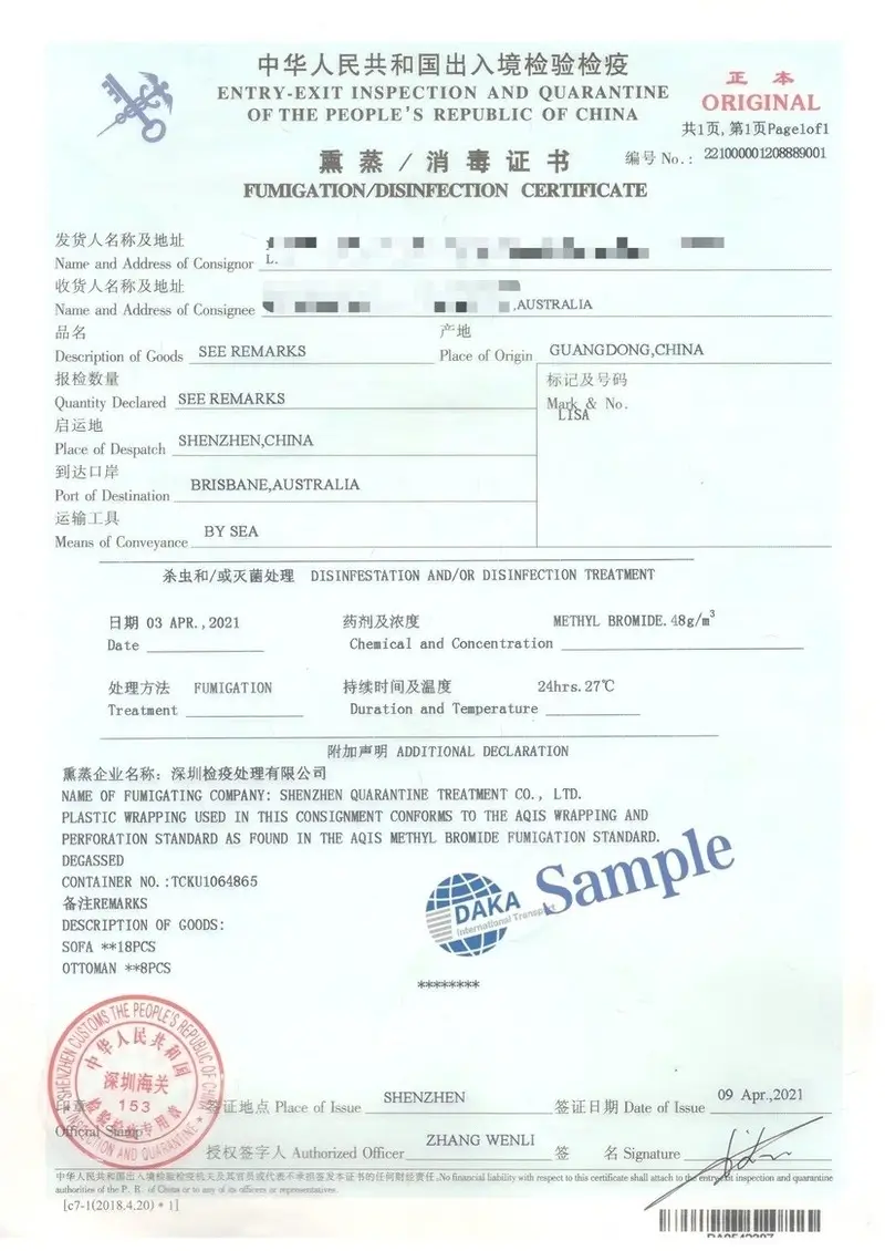 Chemical fumigation certificate