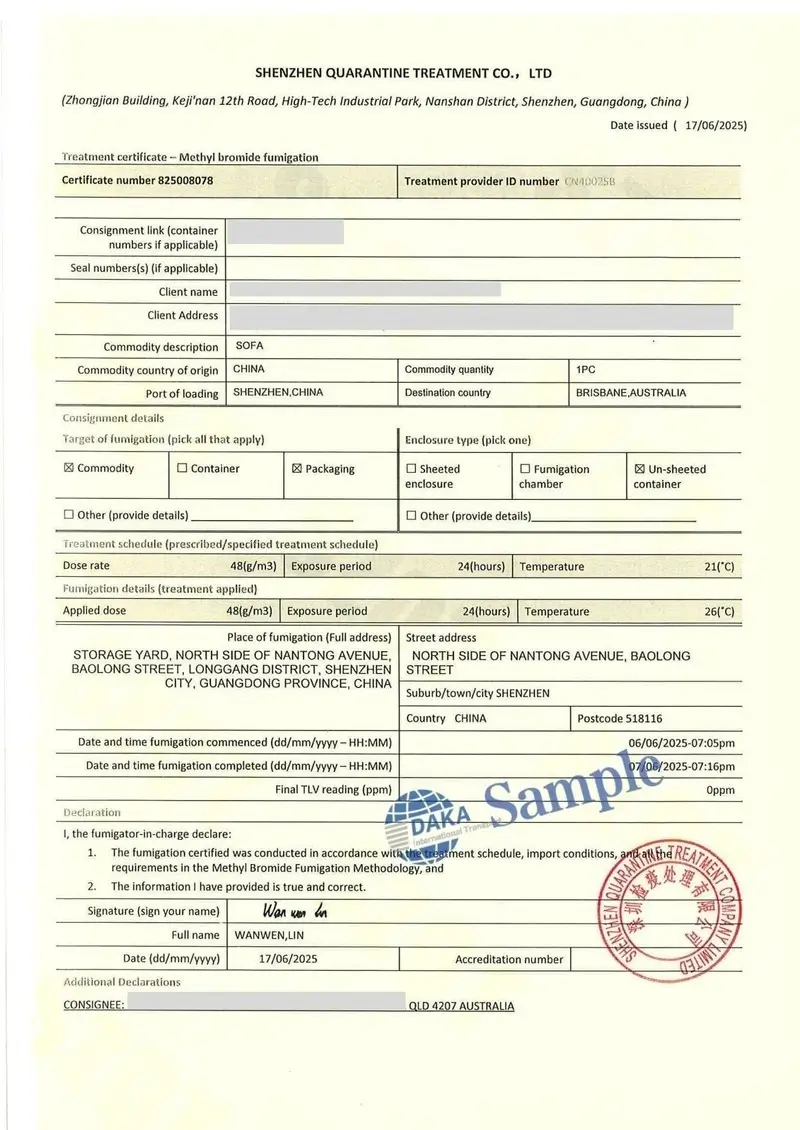 Fumigation certificate of Shenzhen Quarantine Treatment Co.,Ltd