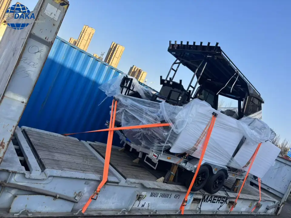 Fishing boat is loaded in the 40 flat rack