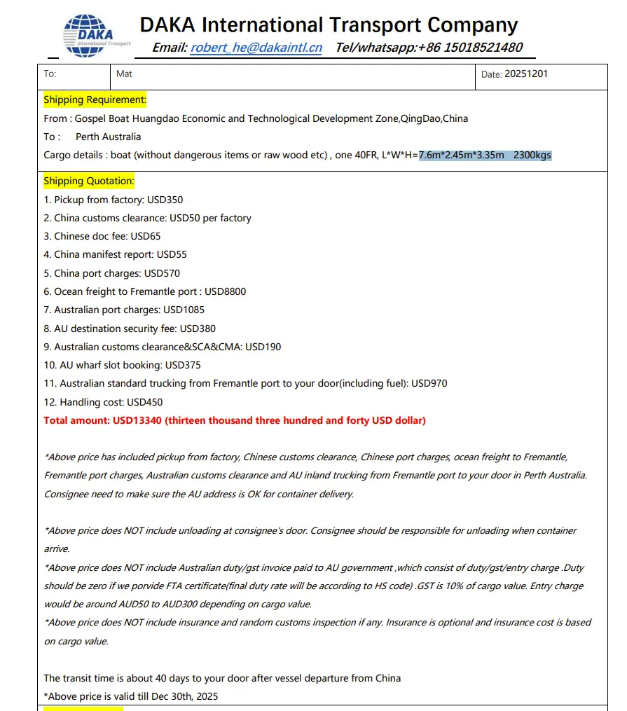 shipping cost for a fishing boat in a 40FR