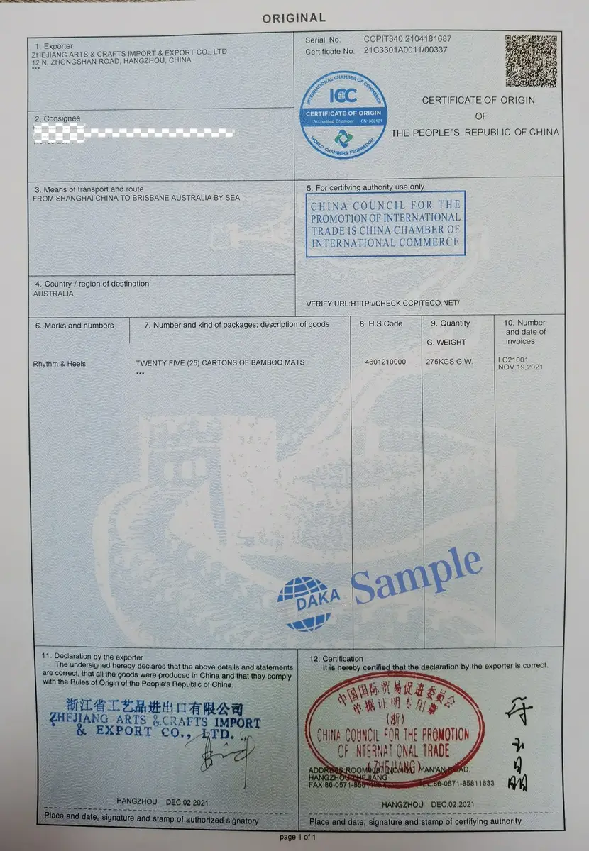 China Certificate of Origin